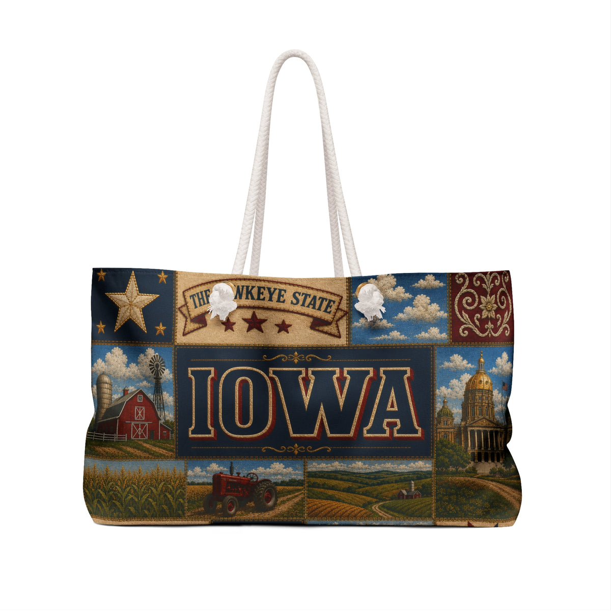 Iowa Weekender Bag Hawkeye State Faux Patchwork Travel Tote Fields of Opportunity Vintage State Souvenir Gift
