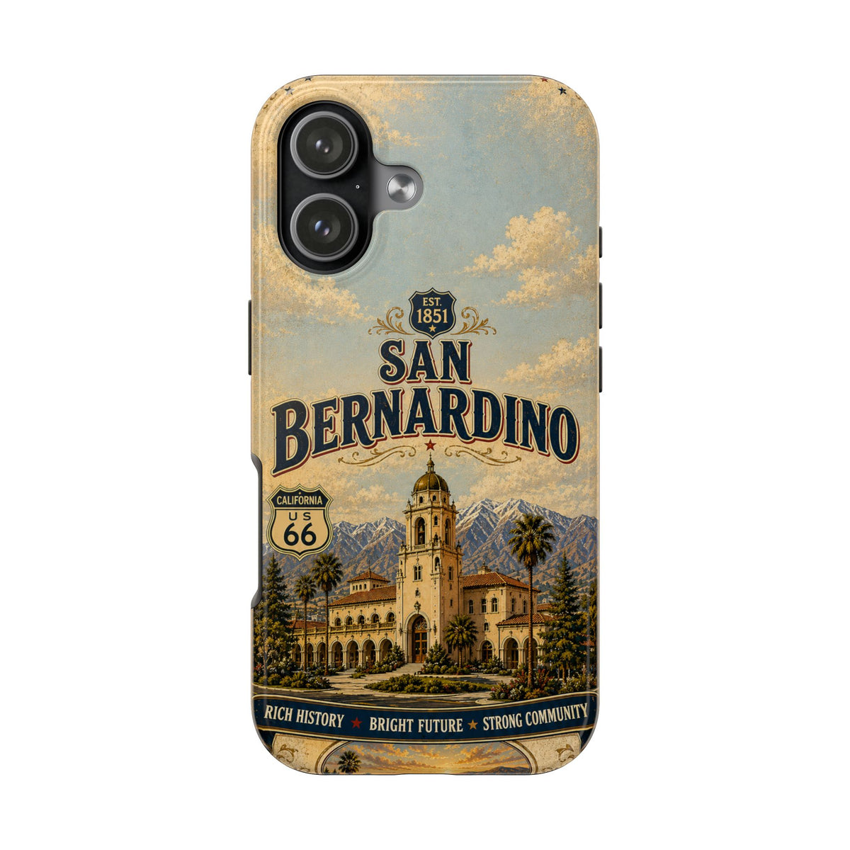 San Bernardino Route 66 Faux Patchwork Phone Case Vintage California Travel Poster Mountain Landmark Cover