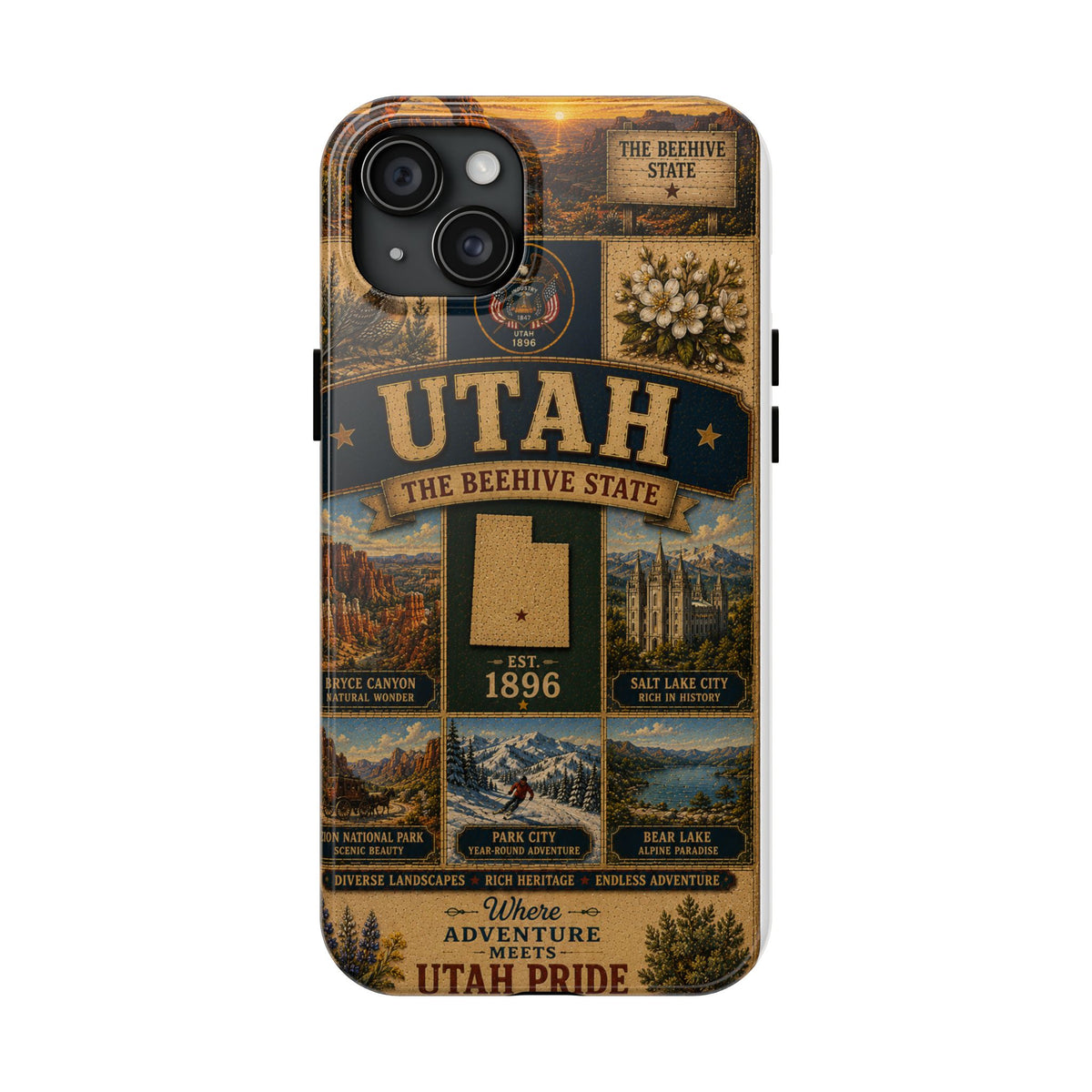 Utah Faux Patchwork Phone Case The Beehive State Vintage Travel Poster Retro State Pride Cover Est 1896