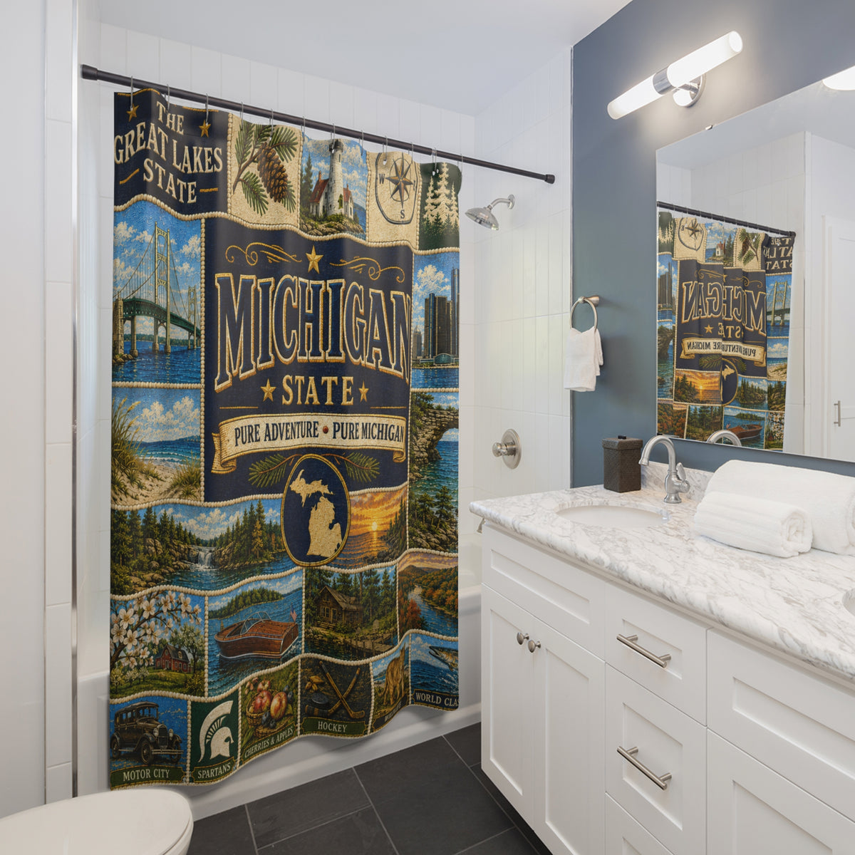 Michigan Shower Curtain, Great Lakes State Decor, Scenic Lake Life Faux Patchwork, Michigan Landmark Bathroom Decor