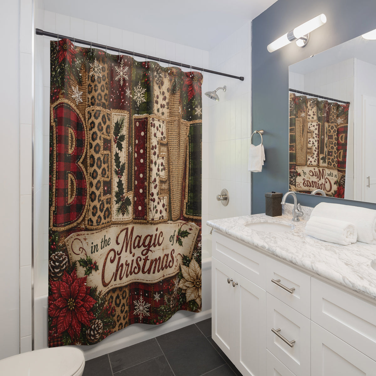 Believe in Christmas Shower Curtain Faux Patchwork Plaid Leopard Poinsettia Rustic Farmhouse Holiday Bathroom Decor
