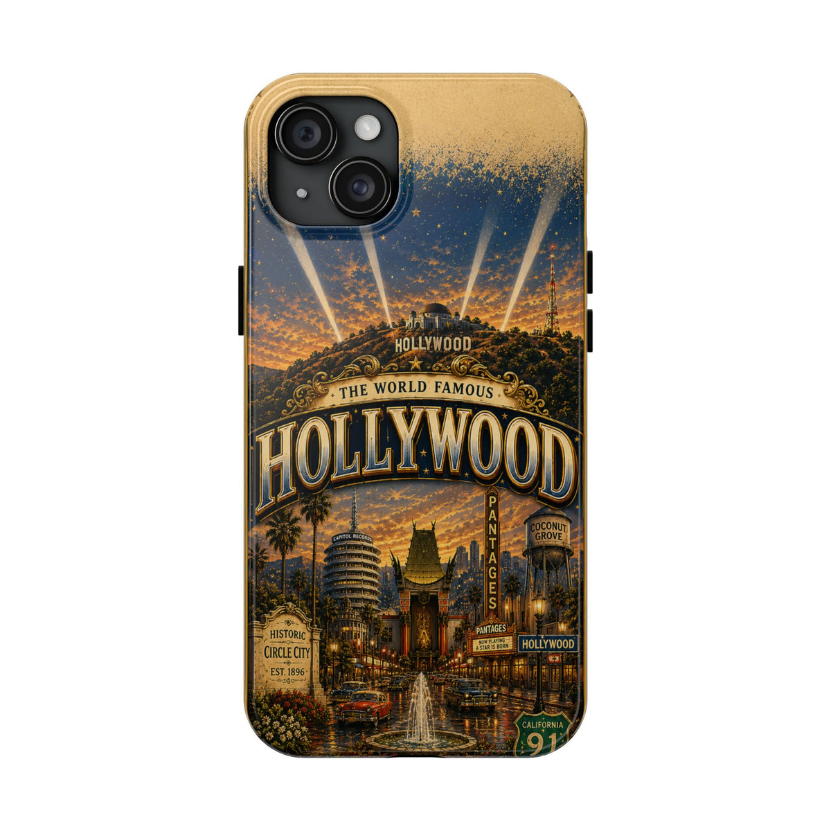 Hollywood Faux Patchwork Phone Case – Vintage Night Lights Retro Cinema Street Scene Old Hollywood Glam Cover