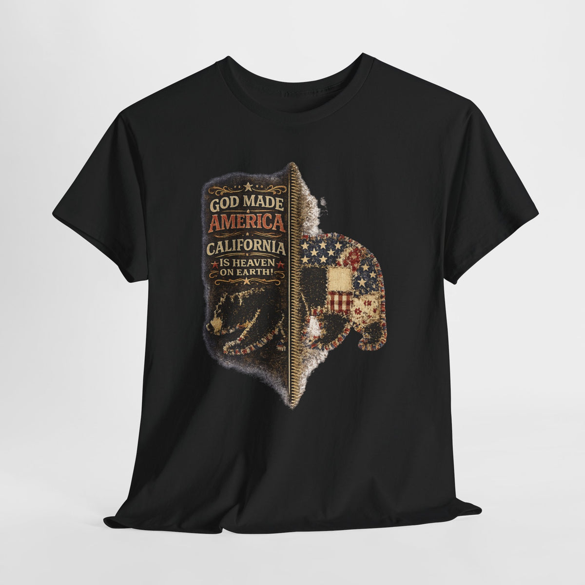 California Buffalo Patriotic T-Shirt — "God Made America, California Is Heaven on Earth"