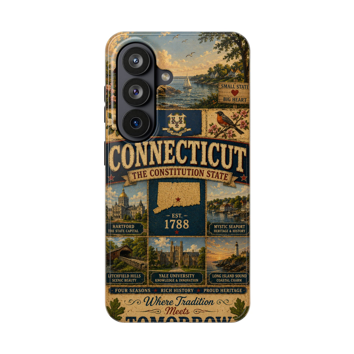 Connecticut Constitution State Faux Patchwork Phone Case Vintage Travel Poster Pride Cover