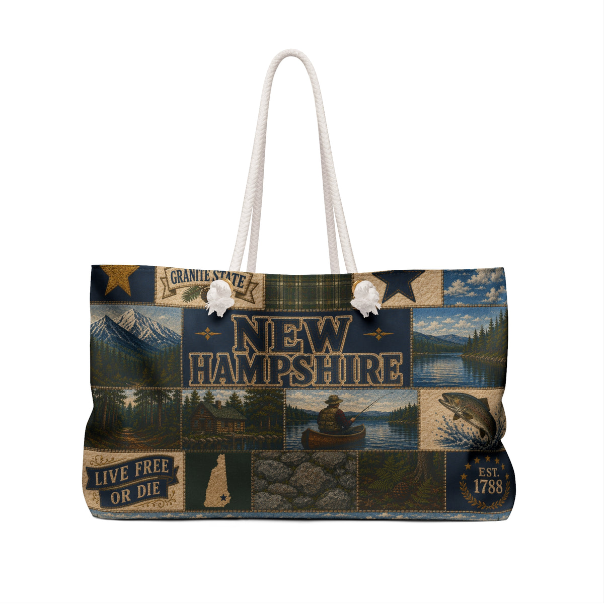 New Hampshire Weekender Bag Live Free or Die Faux Patchwork Travel Tote Granite State Mountain Lake Adventure Gift