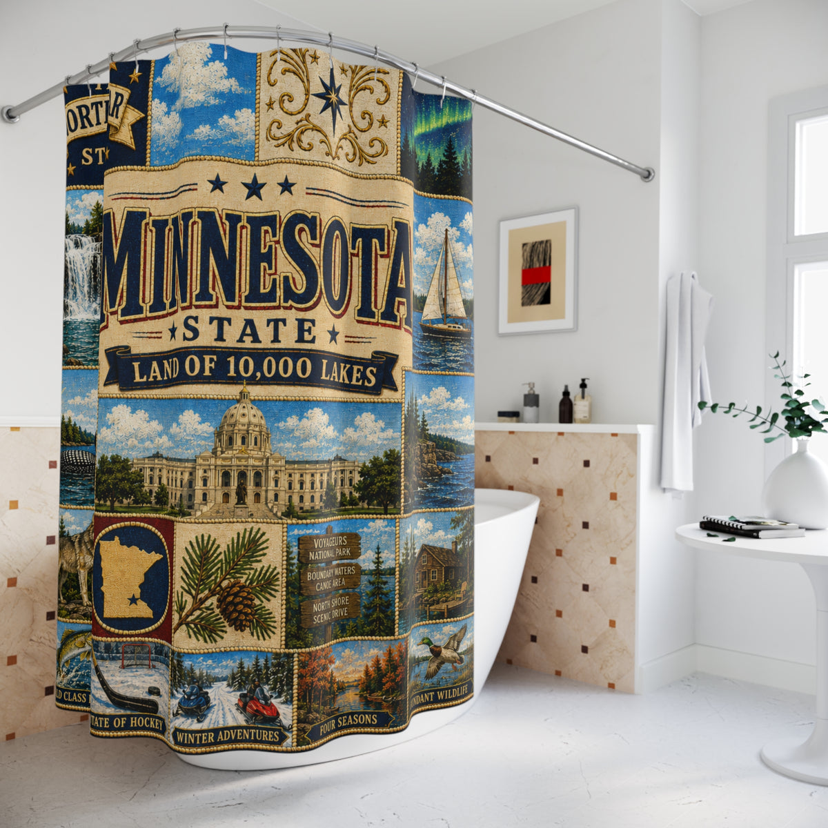 Minnesota State 'Land of 10,000 Lakes' Shower Curtain – Vintage State Collage