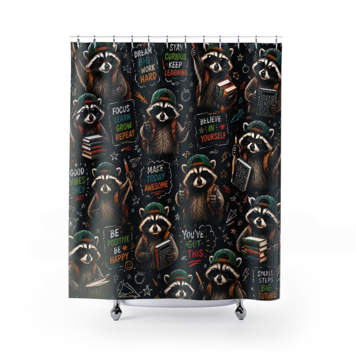 Back to School Raccoon Shower Curtain Cute Chalkboard Classroom Design Motivational School Bathroom Decor Teacher Gift
