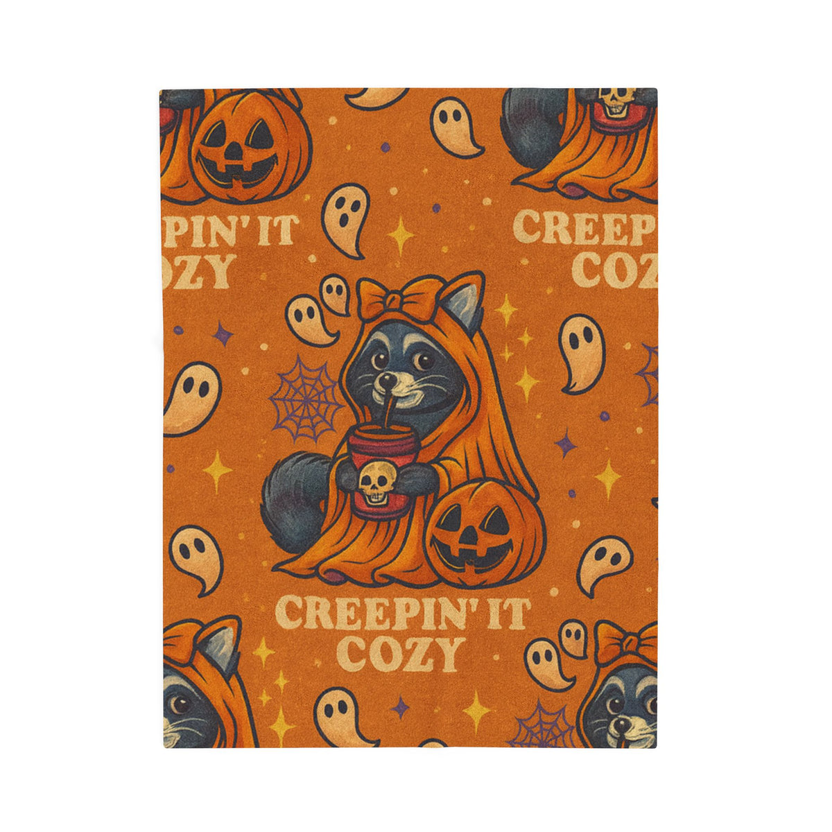 Velveteen Creepin’ It Cozy Raccoon Halloween Blanket – Soft Spooky Fall Throw