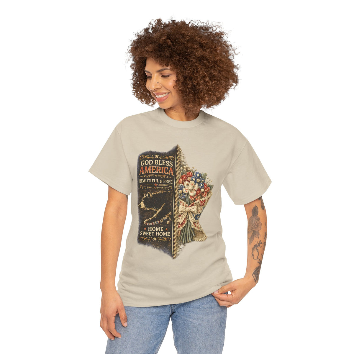 God Bless America T-Shirt — Patriotic "Home Sweet Home" Floral Design