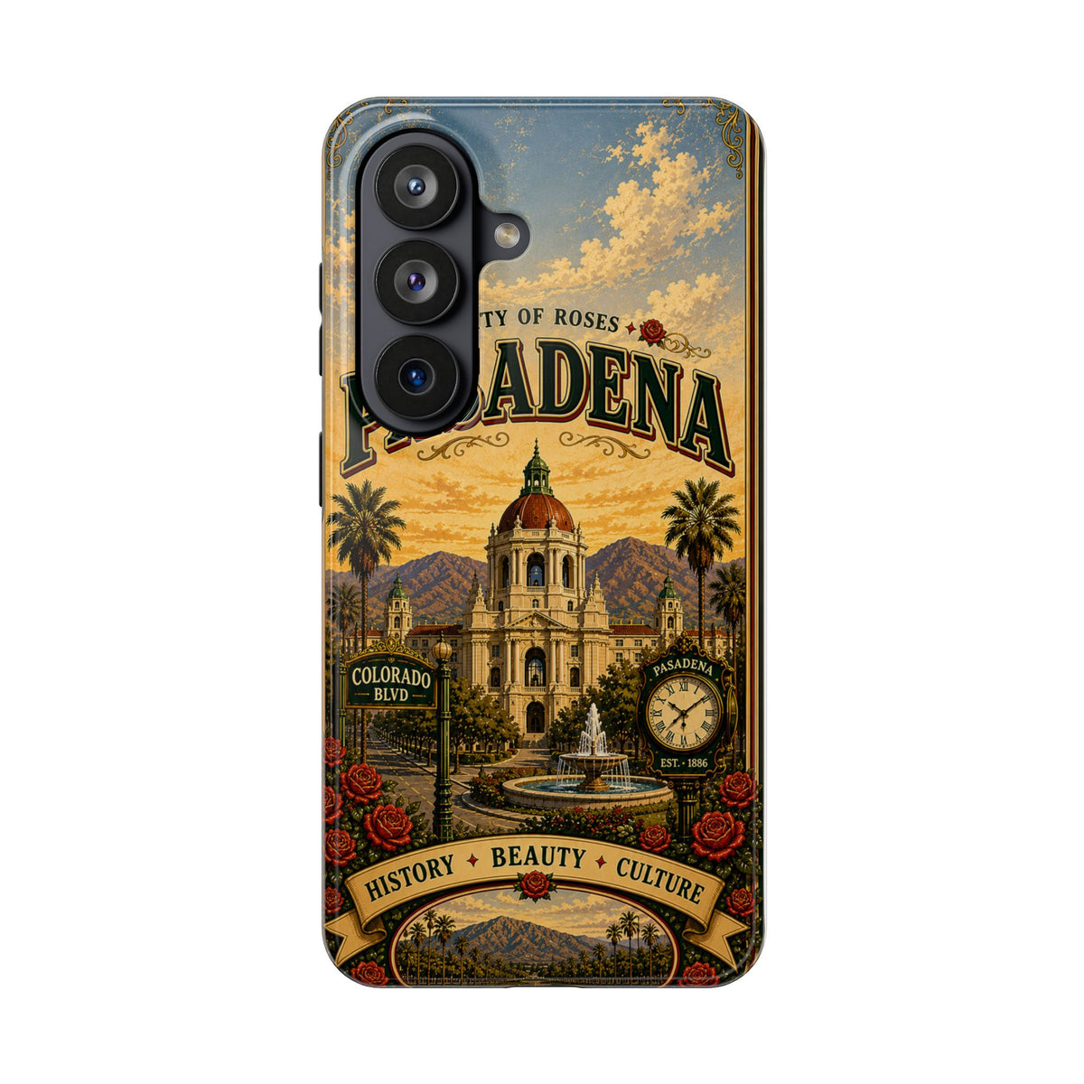 Pasadena City of Roses Faux Patchwork Phone Case – Vintage California Landmark Travel Art Cover