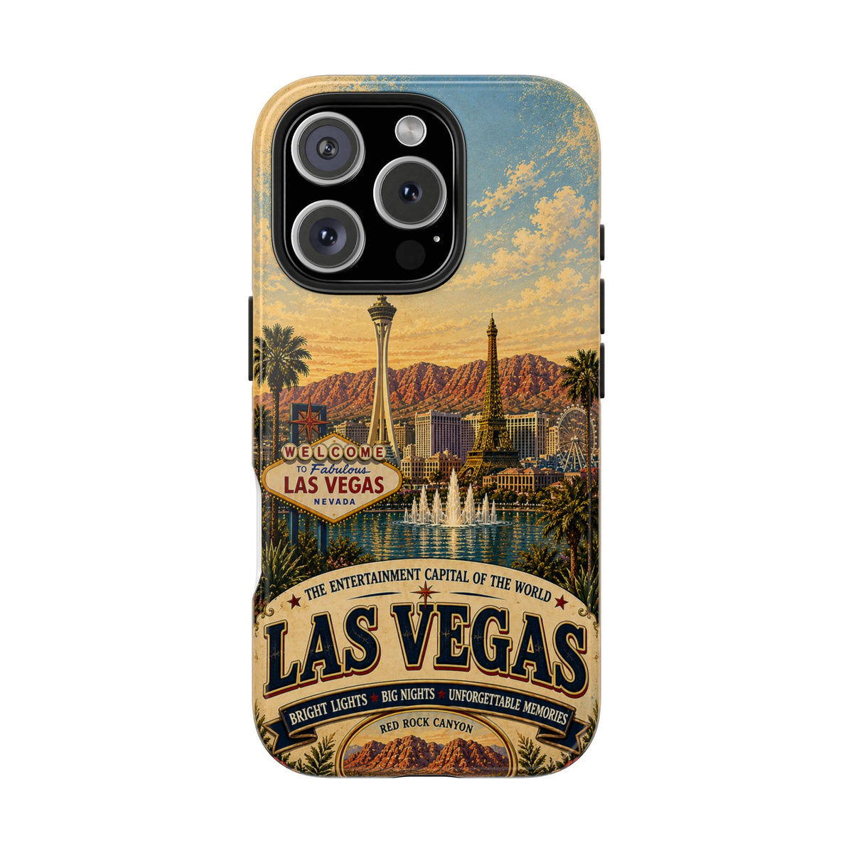 Las Vegas Faux Patchwork Phone Case – Entertainment Capital Retro Travel Art, Strip Skyline & Desert Sunset Cover