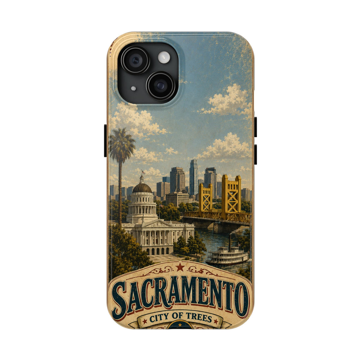 Sacramento City of Trees Faux Patchwork Phone Case Vintage California Landmark Travel Poster Cover