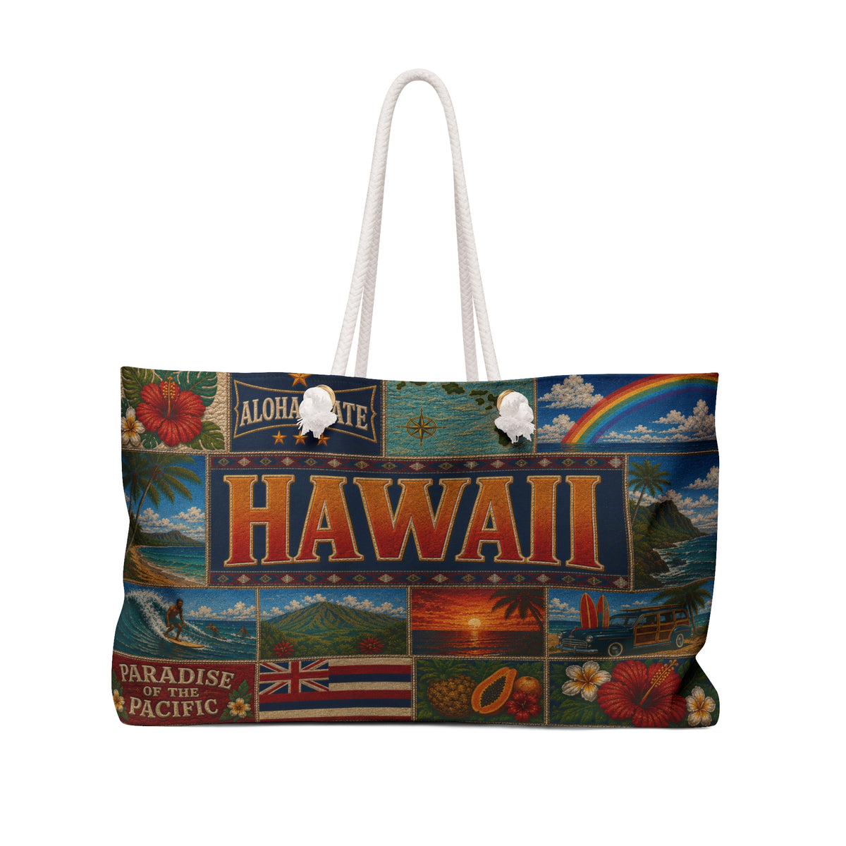 Hawaii Weekender Bag Aloha State Faux Patchwork Travel Tote Paradise of the Pacific Vintage Island Souvenir Gift