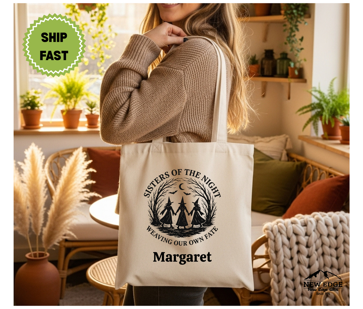 Personalized Halloween Tote Bag – Three Witches with Slogan “Sisters of the Night Weaving Our Own Fate” Cotton Canvas Bag