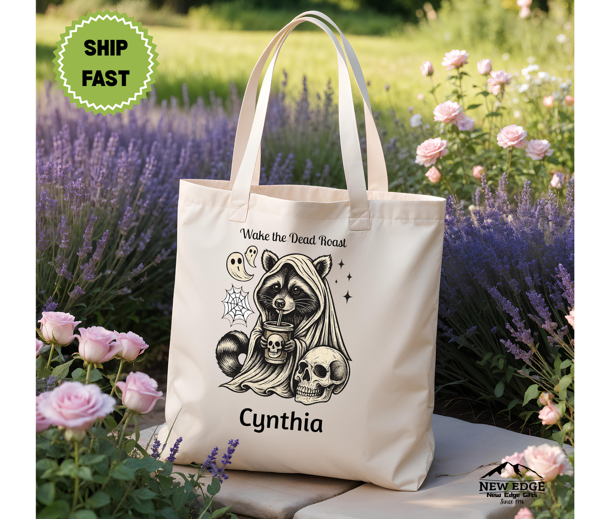 Personalized Halloween Tote Bag – Cute Raccoon in Hooded Robe with Coffee, Ghost, Spiderweb & Skulls, Cotton Canvas Bag