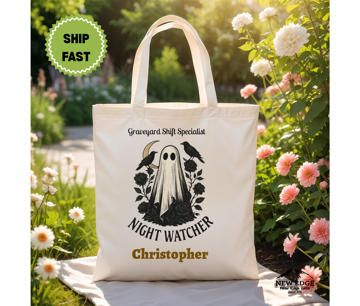 Personalized Halloween Tote Bag – Ghost with Black Flowers & Crows, “Night Watcher Graveyard Shift Specialist” Cotton Canvas Bag