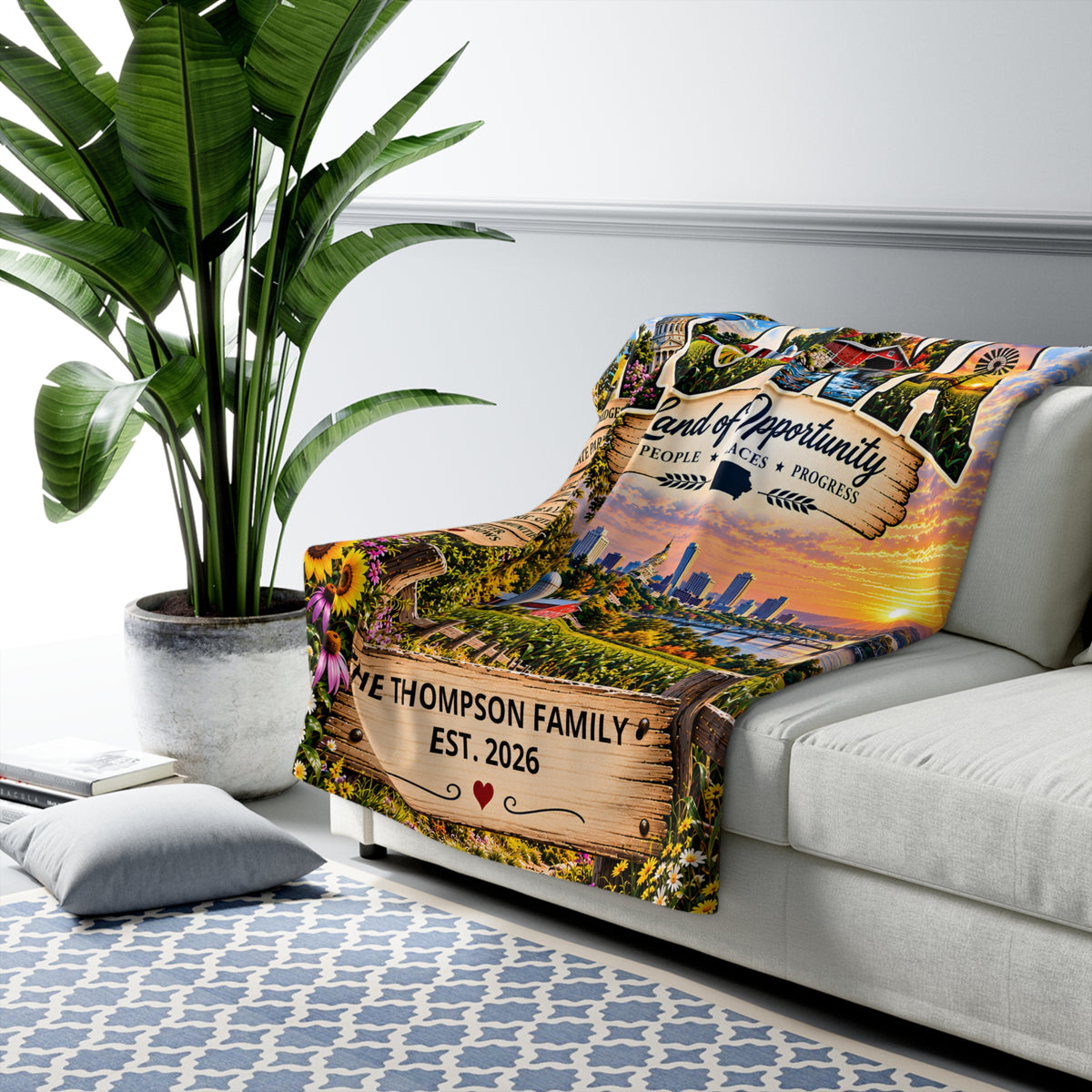 Iowa Personalized Sherpa Fleece Blanket, Farmland Covered Bridge Scenic Heritage Custom Family Name