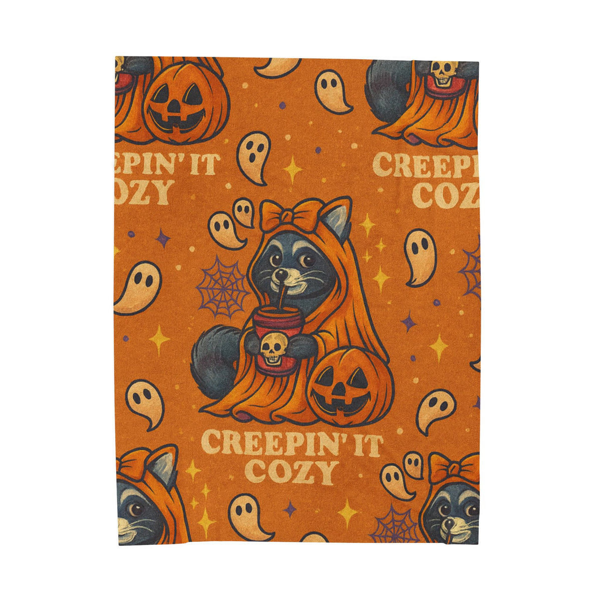Velveteen Creepin’ It Cozy Raccoon Halloween Blanket – Soft Spooky Fall Throw