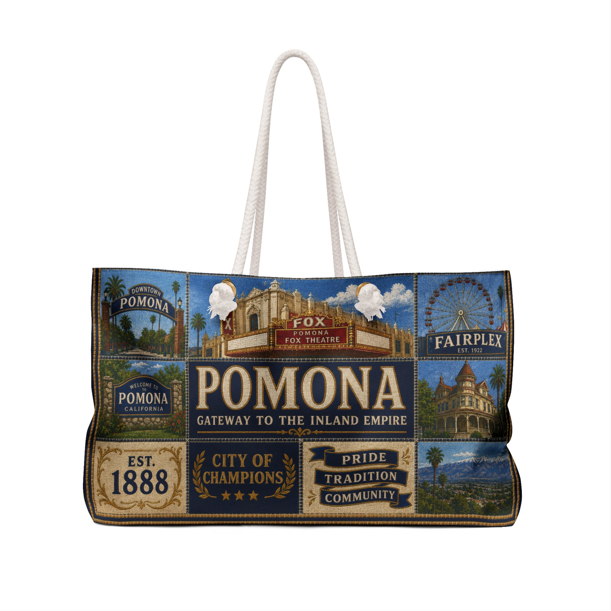 Pomona California Weekender Bag Gateway to the Inland Empire Faux Patchwork Travel Tote Historic City Getaway Gift