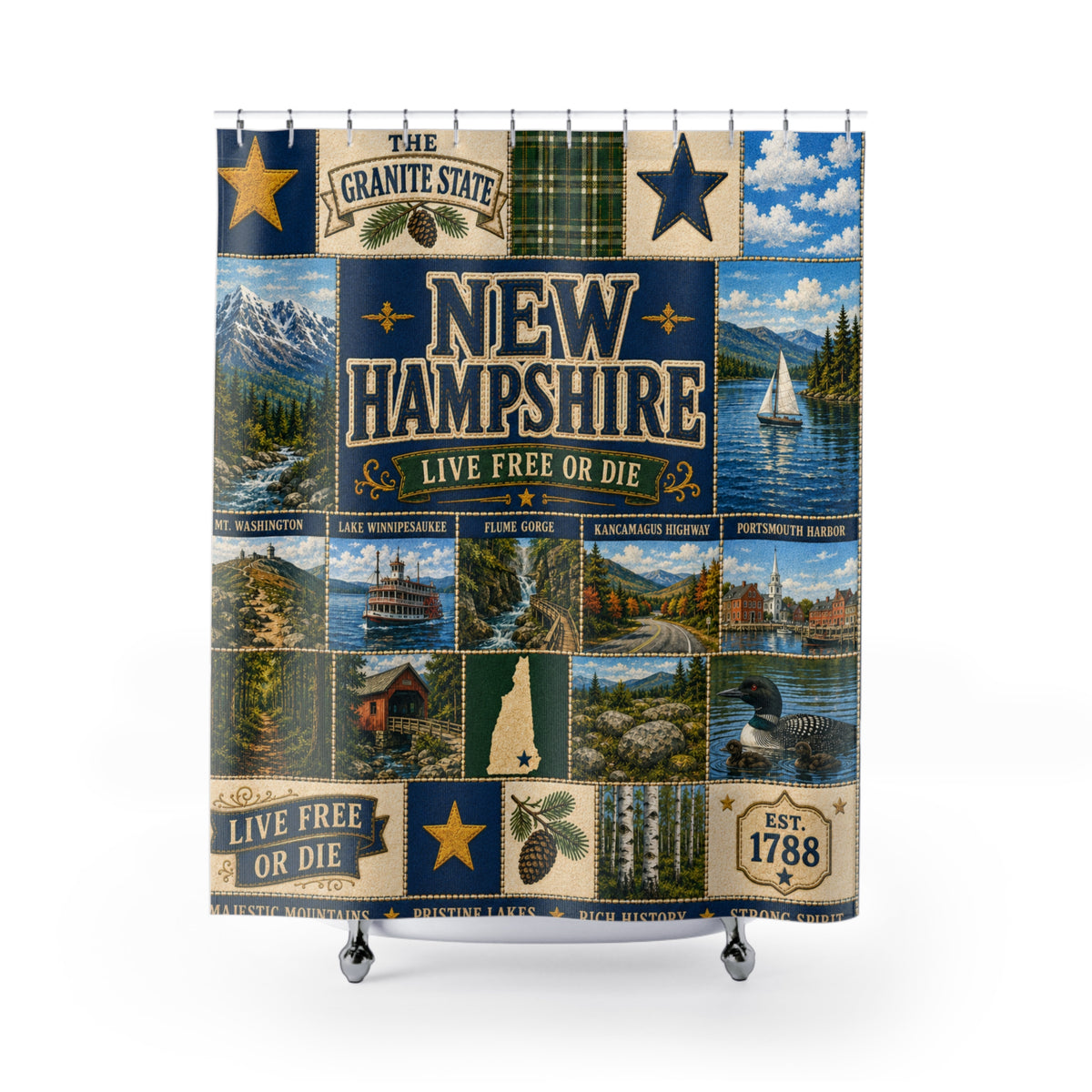 New Hampshire Shower Curtain Live Free or Die Faux Patchwork Granite State Mountain Lake Rustic Americana Bathroom Decor