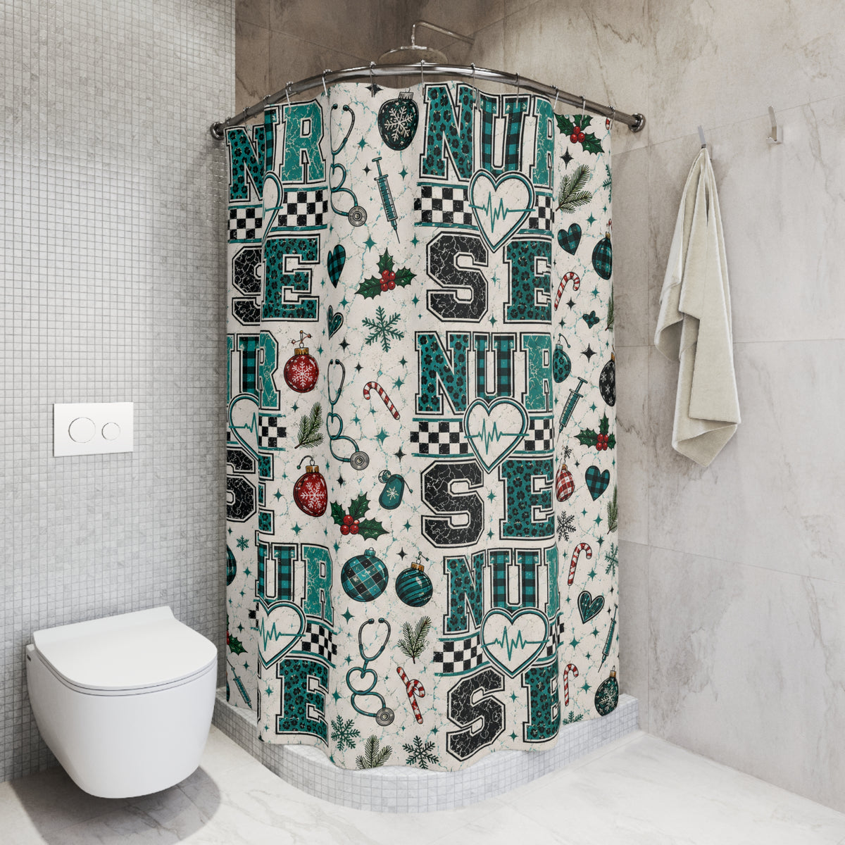 Christmas Nurse Shower Curtain Faux Patchwork Stethoscope Heartbeat Teal Plaid Nursing Holiday Bathroom Decor Nurse Gift