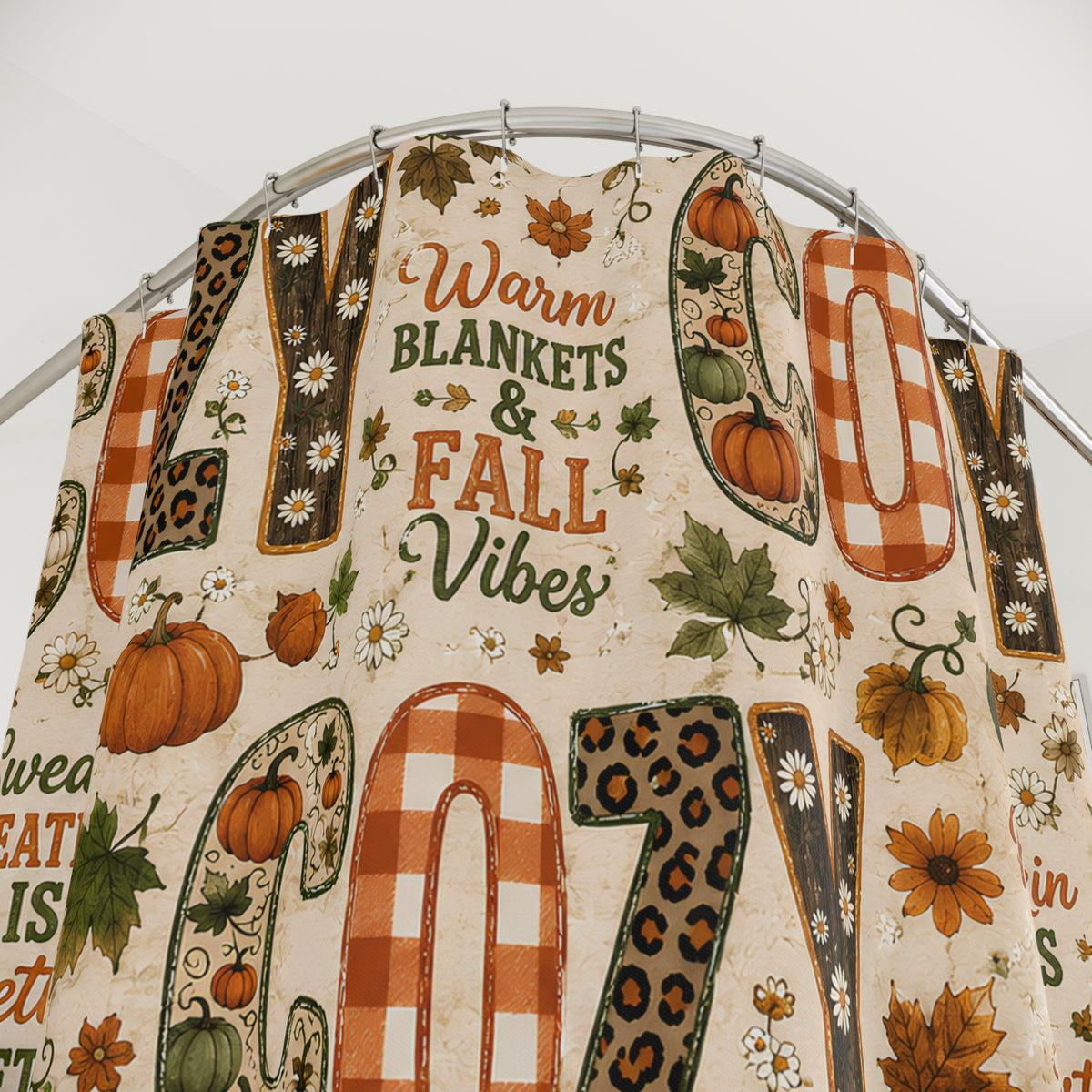 Cozy Fall Shower Curtain Faux Patchwork Pumpkins Leopard Gingham Autumn Leaves Grateful Thankful Blessed Farmhouse Decor