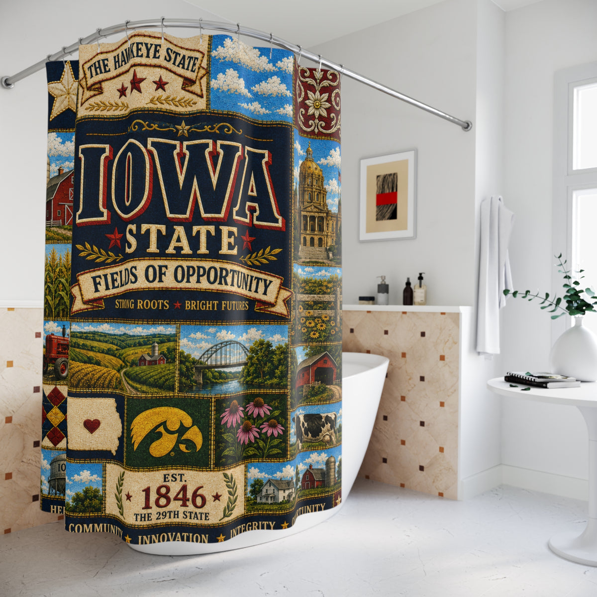 Iowa Shower Curtain, Hawkeye State Decor, Farmhouse Landmark Faux Patchwork, Rustic Midwest Bathroom Decor