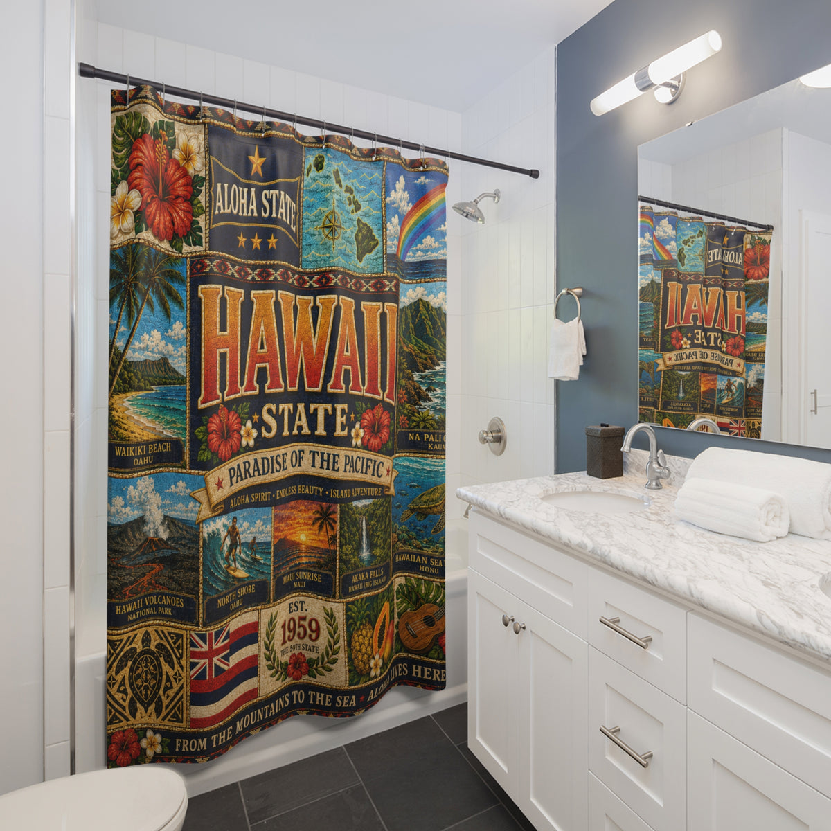 Hawaii Shower Curtain, Aloha State Decor, Tropical Island Faux Patchwork, Hawaiian Landmark Bathroom Decor