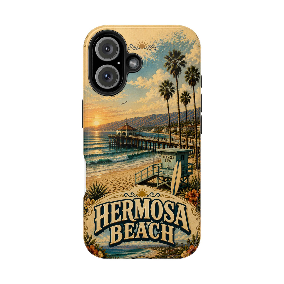 Coastal Pier Faux Patchwork Phone Case – Sunset Waves & Surf Retro California Beach Art Cover