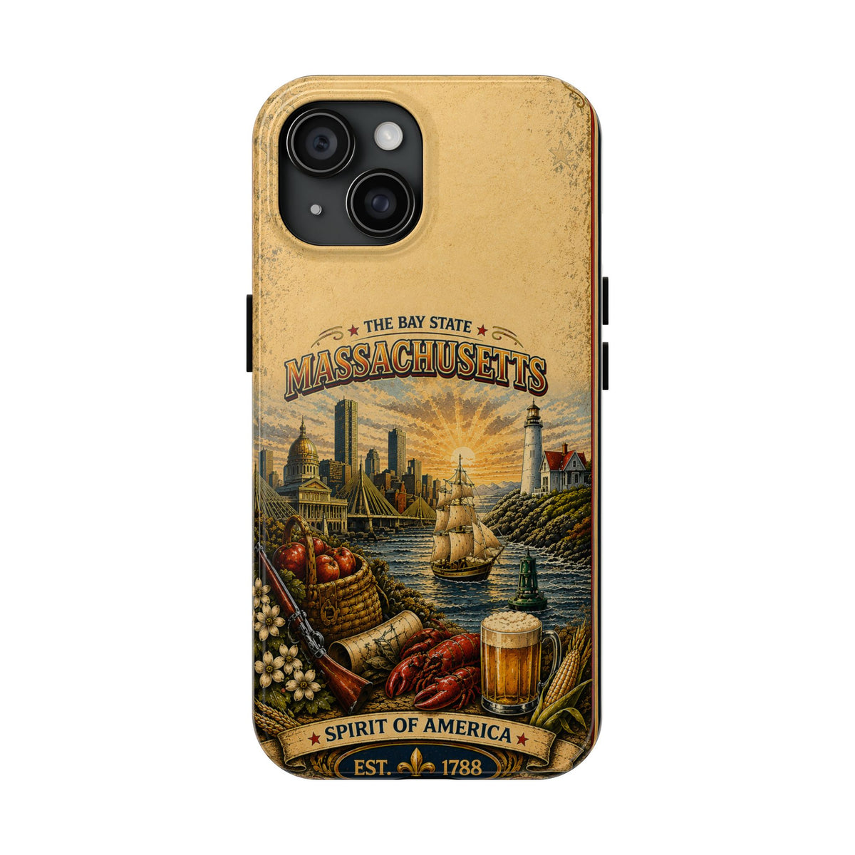 Massachusetts Bay State Faux Patchwork Phone Case – Vintage Travel Poster Style New England Souvenir Cover for iPhone & Samsung