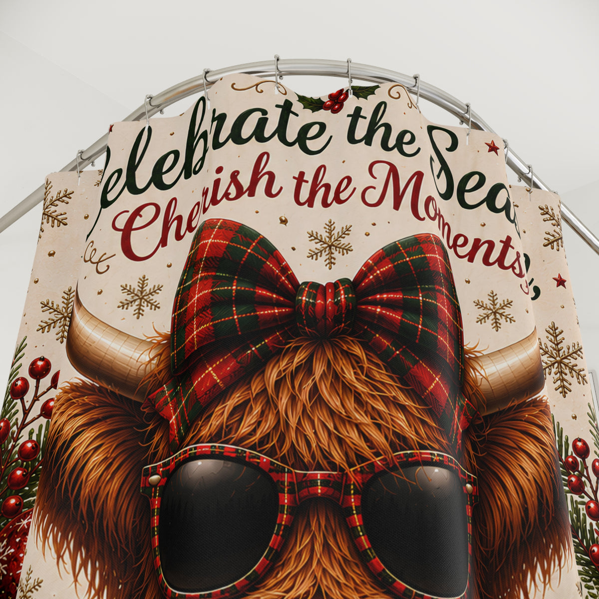Highland Cow Christmas Shower Curtain Merry Christmas Hot Cocoa Plaid Bow Rustic Farmhouse Holiday Bathroom Decor