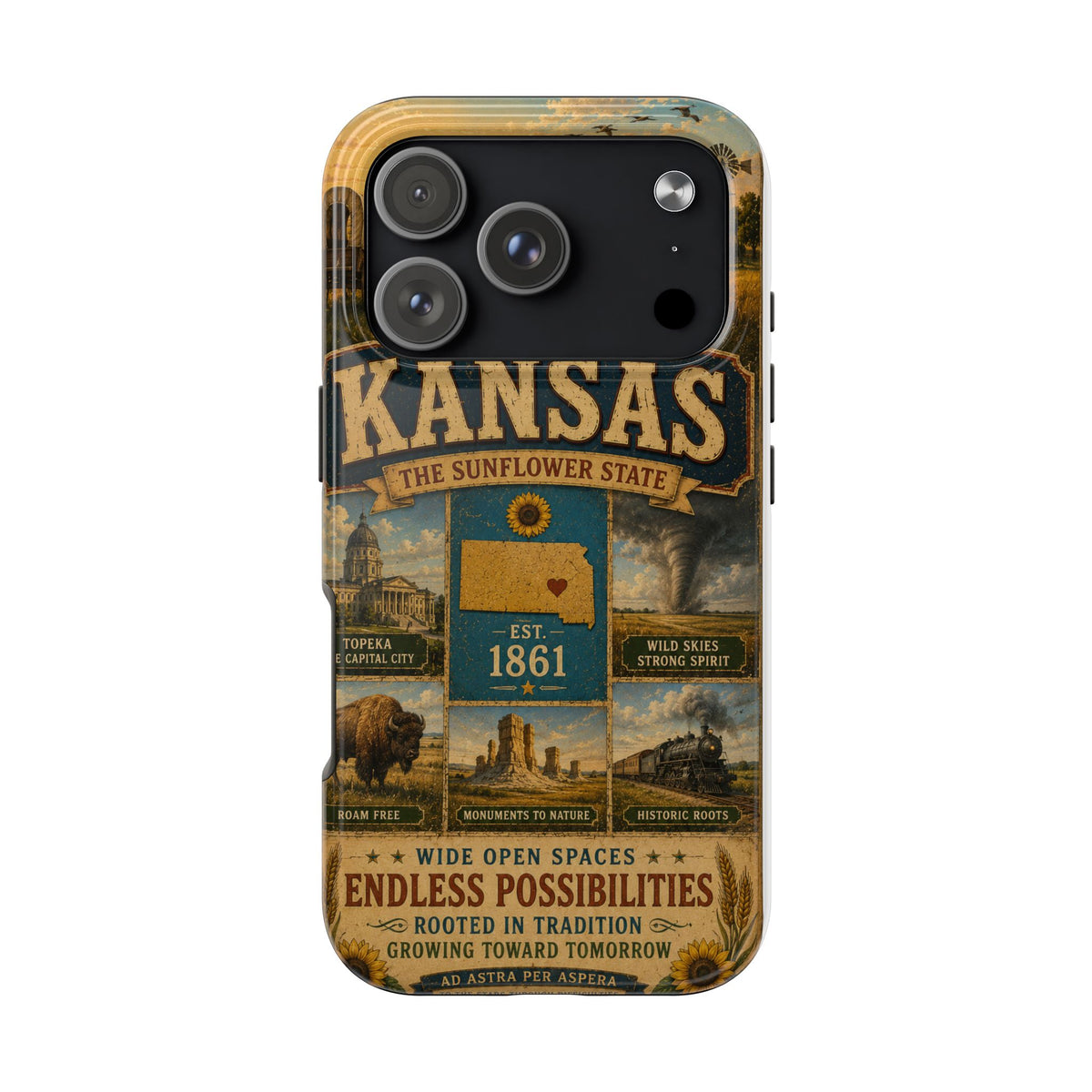 Kansas Faux Patchwork Phone Case – The Sunflower State Vintage Travel Poster Retro State Pride Cover Est 1861 for iPhone & Samsung