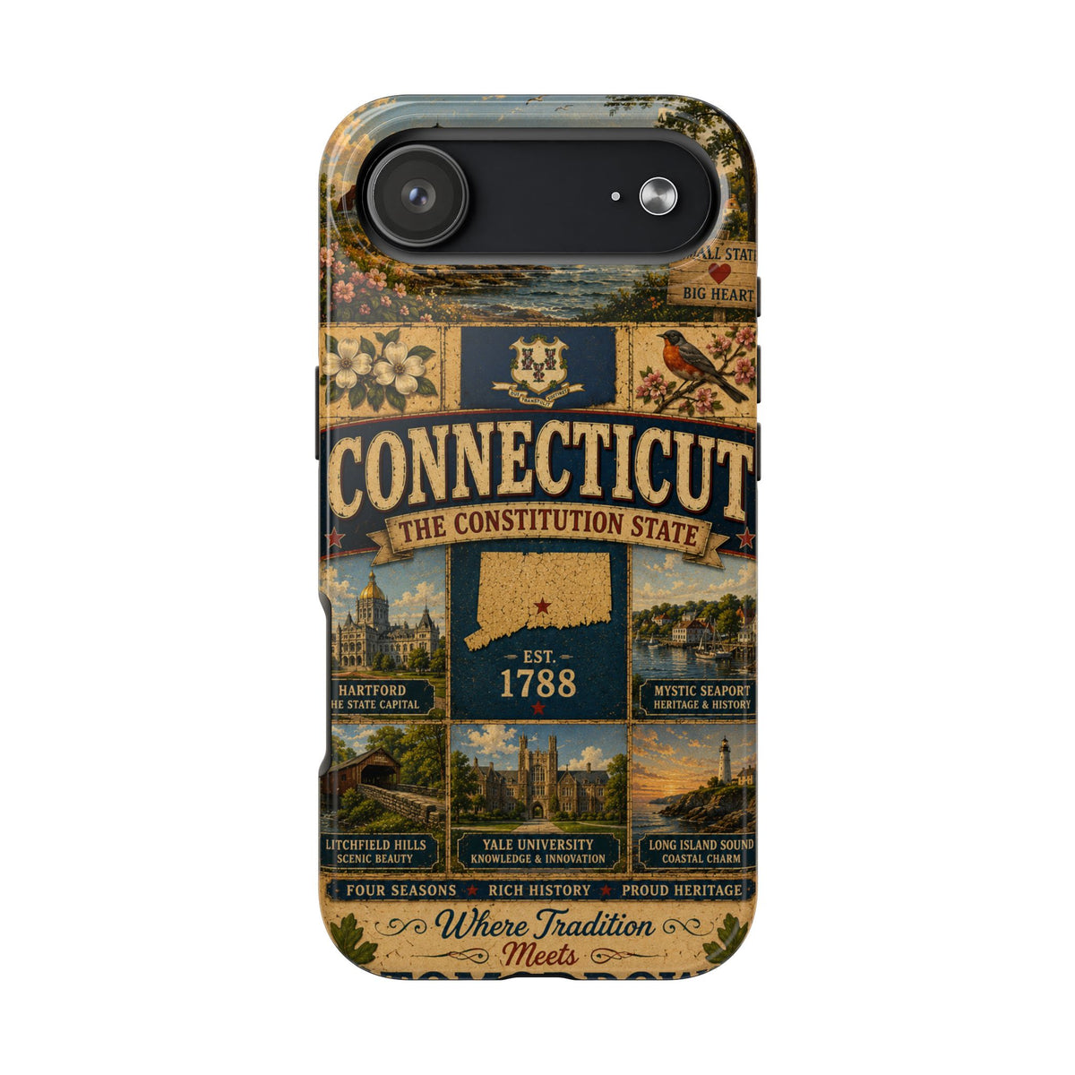Connecticut Constitution State Faux Patchwork Phone Case Vintage Travel Poster Pride Cover