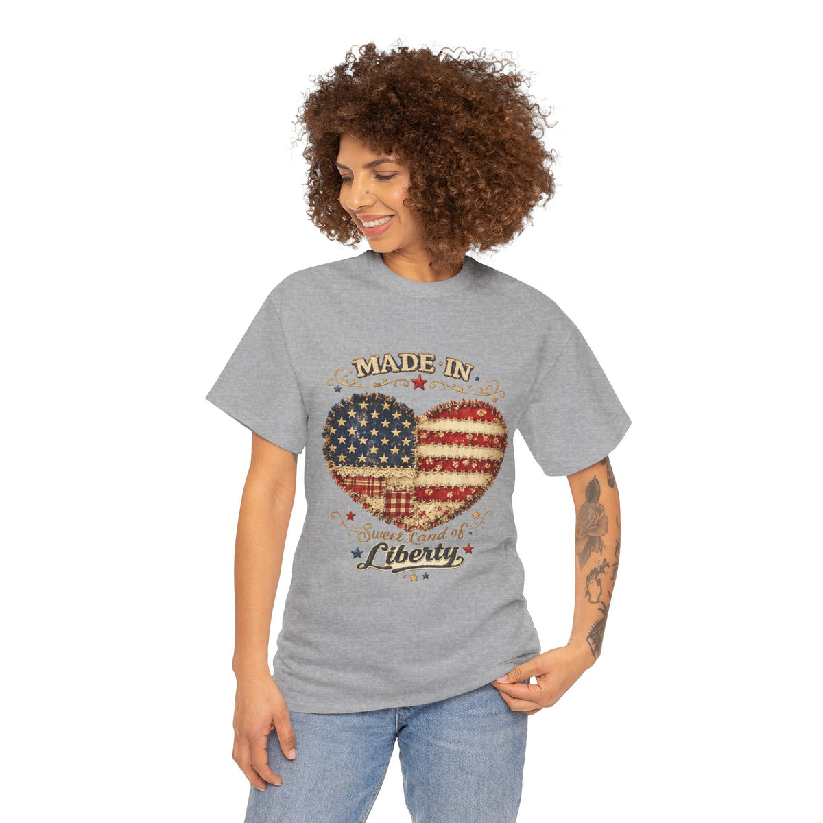 Patriotic Heart T-Shirt — "Made in Sweet Land of Liberty" USA Flag Tee