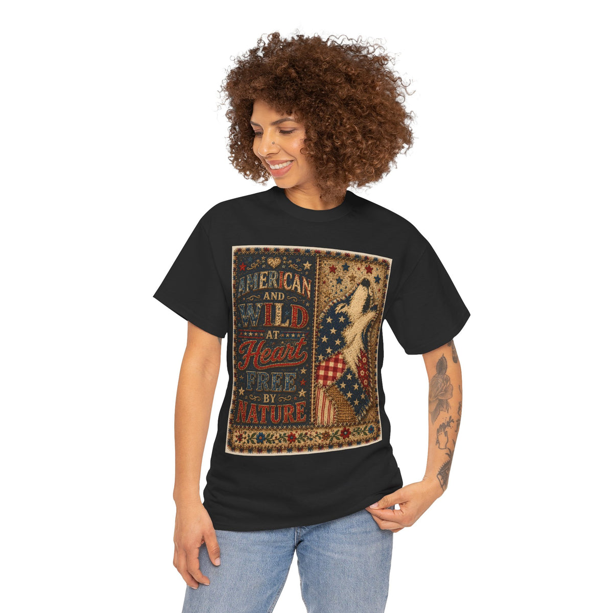 Patriotic Retro Tee – "American and Wild at Heart, Free by Nature" Flag Silhouette Shirt