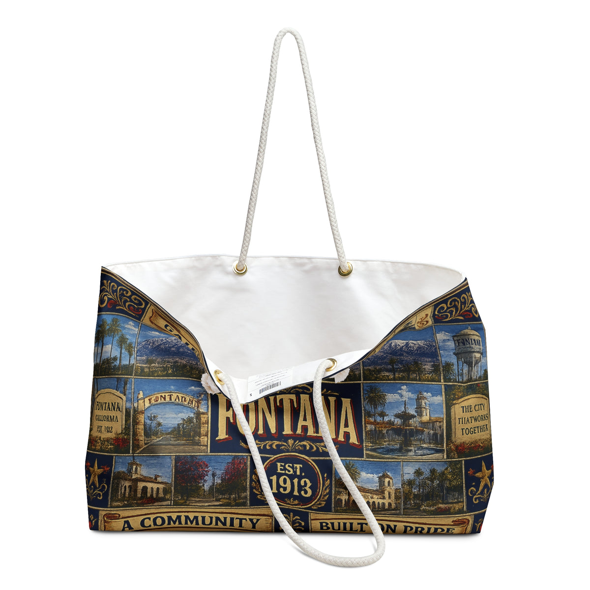 Fontana California Weekender Bag Gateway to Opportunity Faux Patchwork Travel Tote Built on Pride Inland Empire Gift