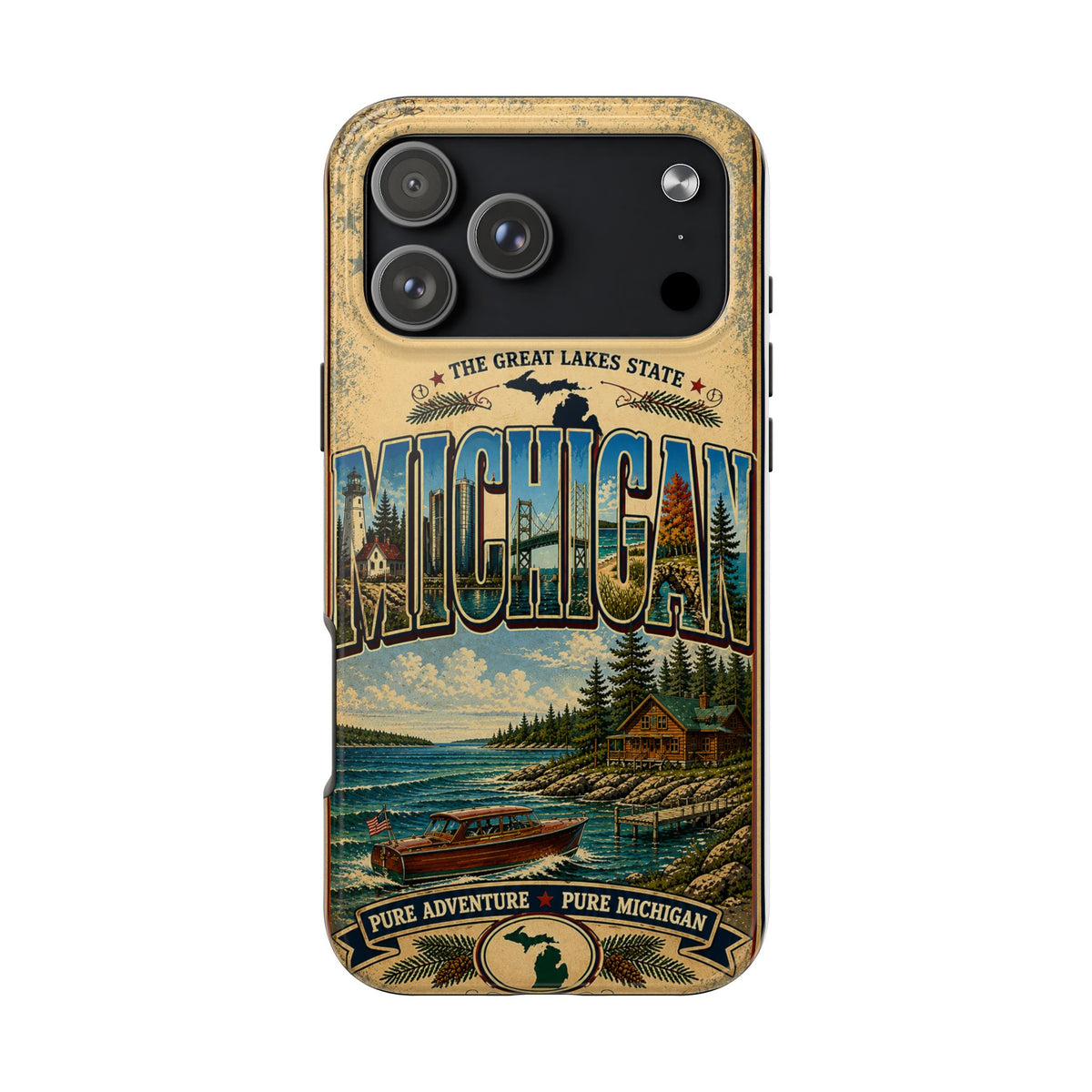 Michigan Great Lakes Faux Patchwork Phone Case – Vintage Travel Poster Style Michigan State Pride Cover for iPhone & Samsung