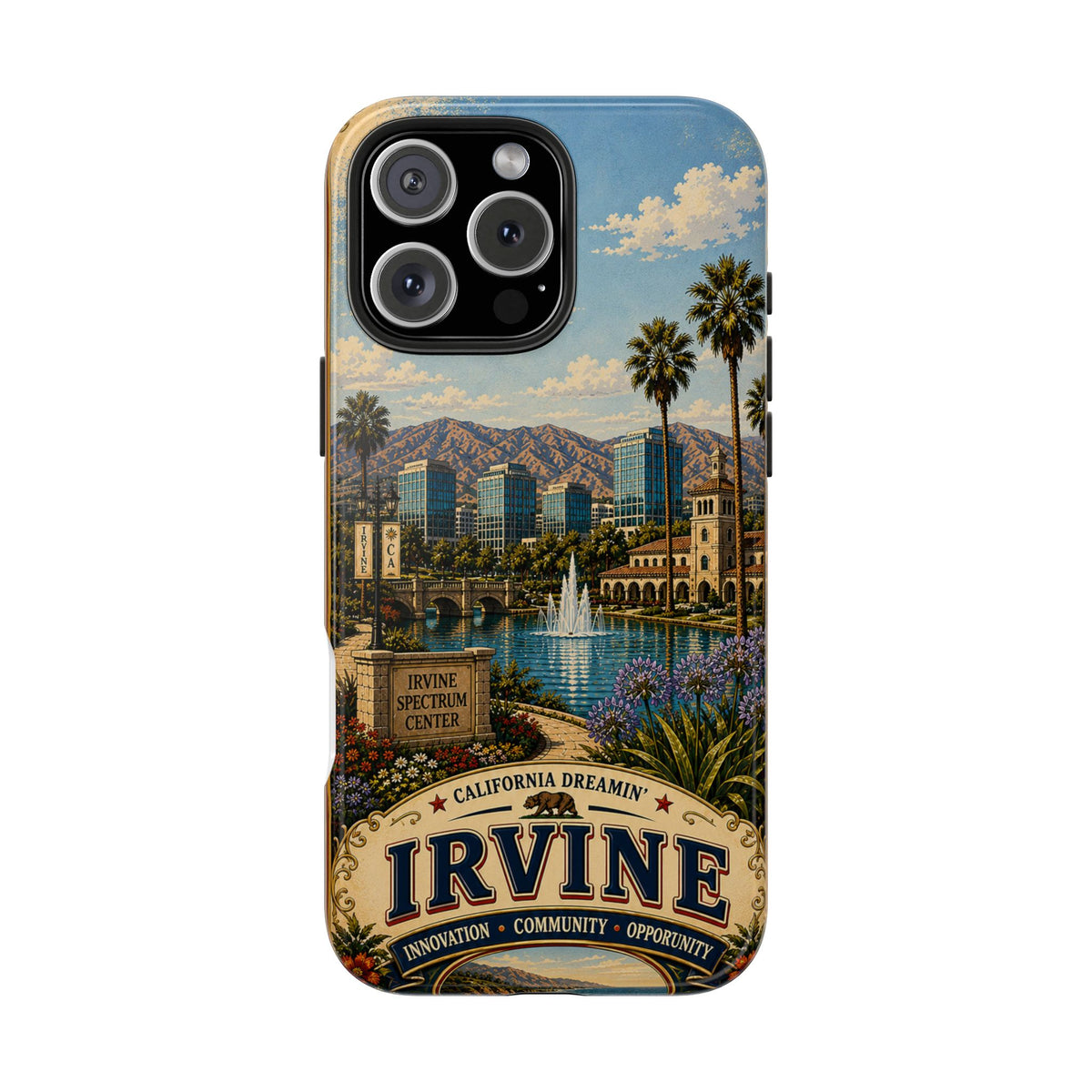 Irvine Faux Patchwork Phone Case – California Dreamin’ Vintage Travel Art, Spectrum Park & Cityscape Cover