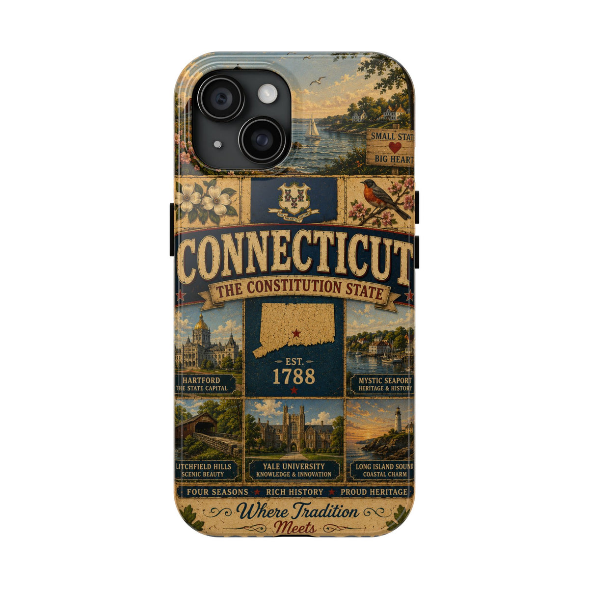 Connecticut Constitution State Faux Patchwork Phone Case Vintage Travel Poster Pride Cover