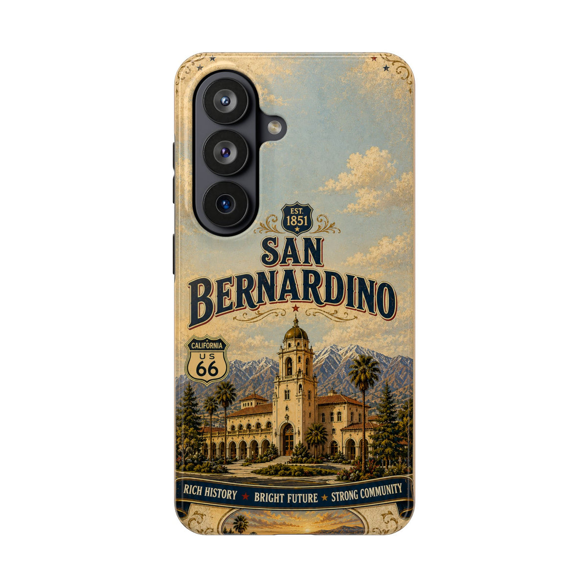 San Bernardino Route 66 Faux Patchwork Phone Case Vintage California Travel Poster Mountain Landmark Cover
