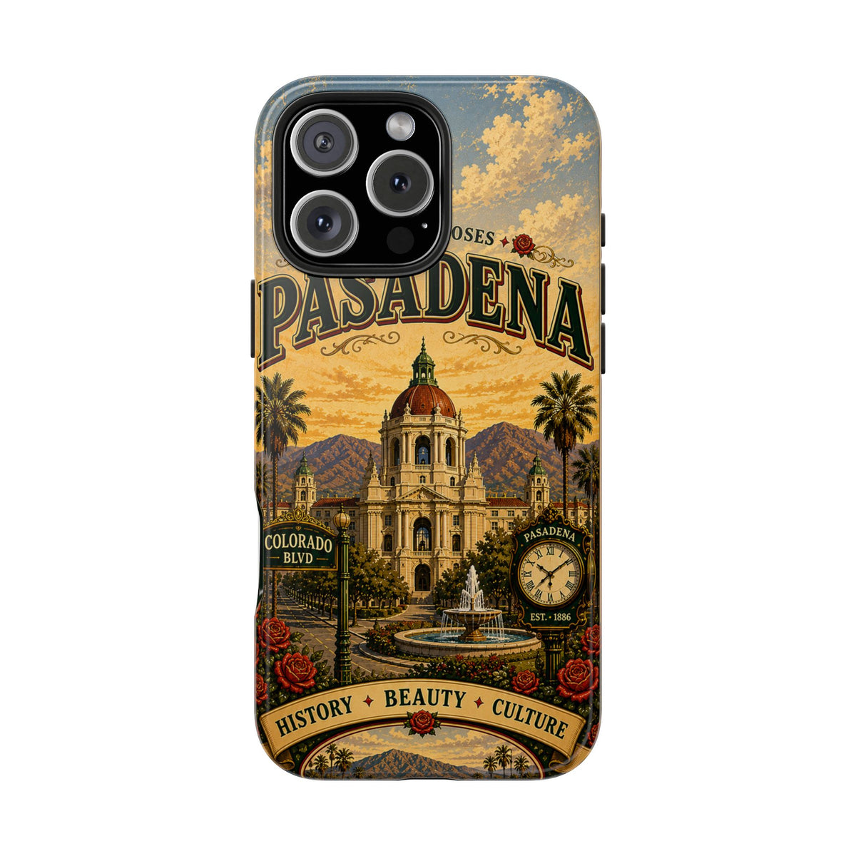 Pasadena City of Roses Faux Patchwork Phone Case – Vintage California Landmark Travel Art Cover