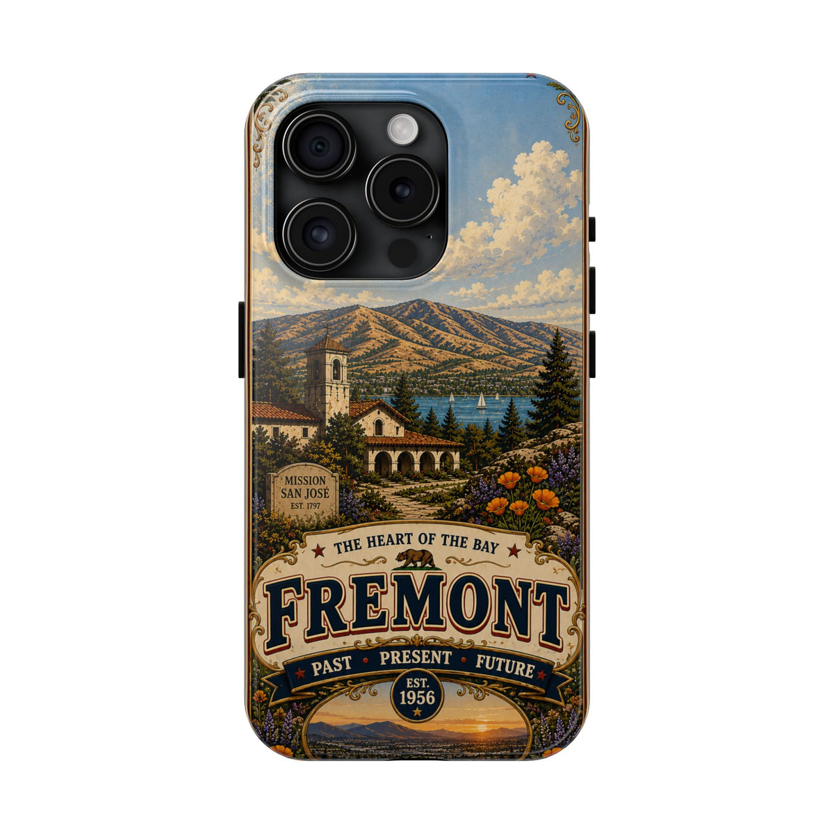 Fremont California Faux Patchwork Phone Case – Heart of the Bay Retro Travel Art, Mission San José Landmark Cover