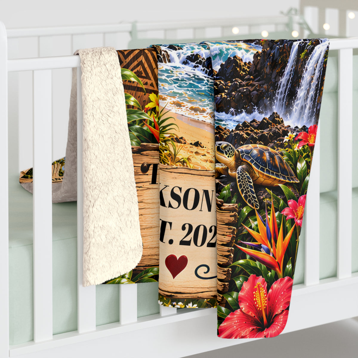 Hawaii Personalized Sherpa Fleece Blanket, Aloha State Tropical Island Volcano Waterfall Custom Family Name