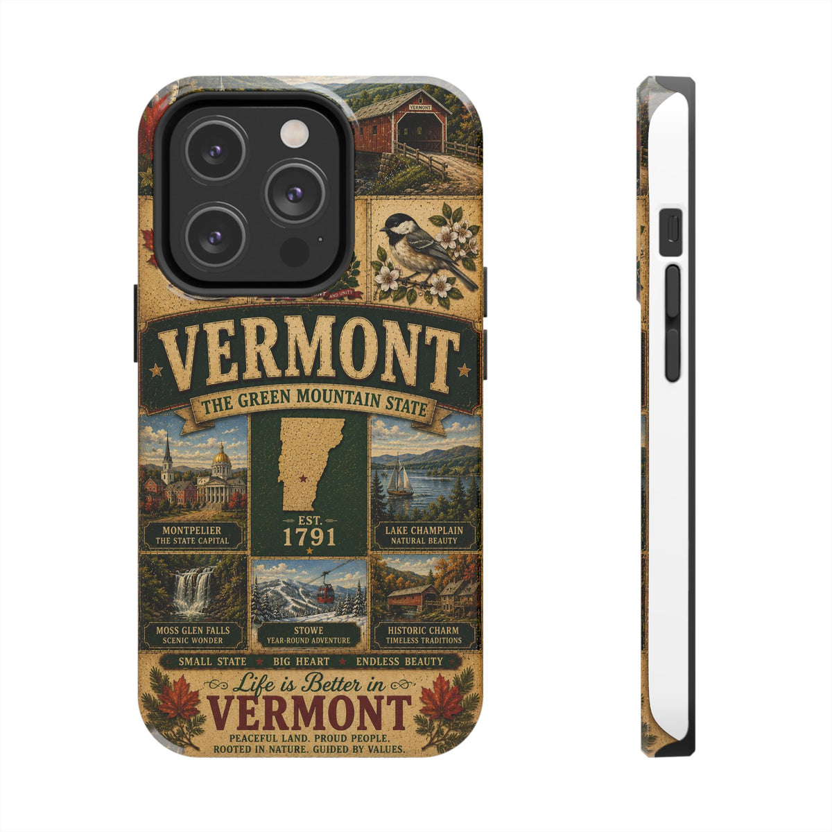 Vermont Faux Patchwork Phone Case The Green Mountain State Vintage Travel Poster Retro State Pride Cover Est 1791