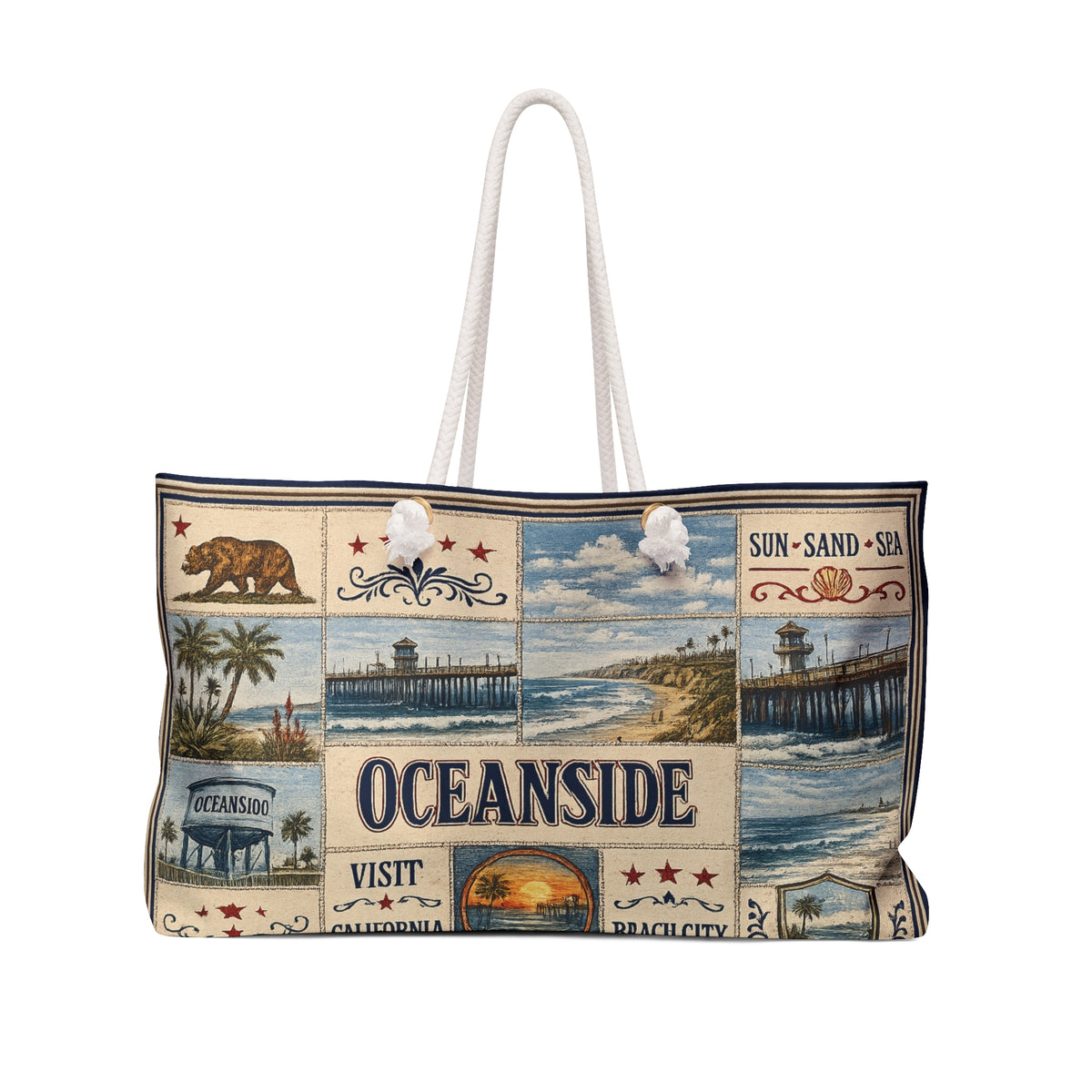 Oceanside California Weekender Bag Coastal Escape Faux Patchwork Travel Tote Beach Lover Weekend Getaway Gift