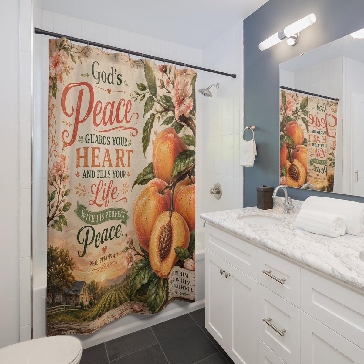 Peach Christian Shower Curtain Gods Peace Guards Your Heart Philippians 4 7 Farmhouse Faith Bathroom Decor