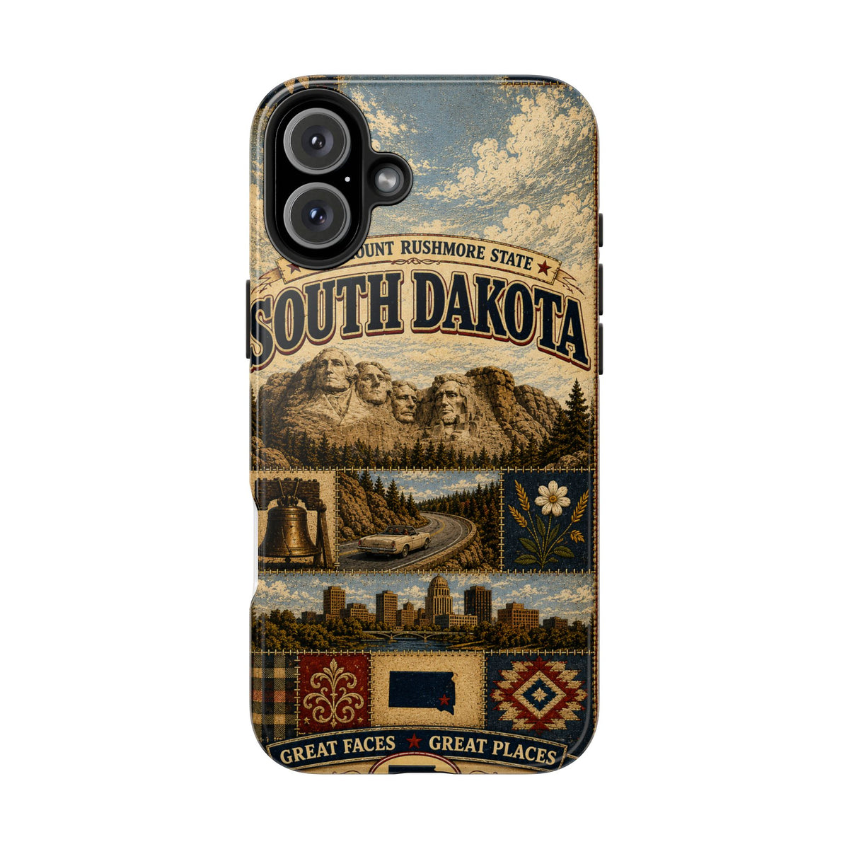 South Dakota Faux Patchwork Phone Case Mount Rushmore State Retro Bison Scenic Road State Pride Cover
