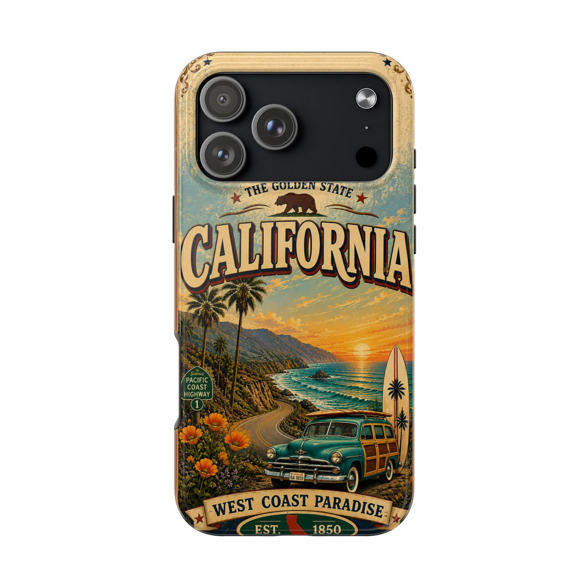 California Golden State Faux Patchwork Phone Case Vintage Travel Poster Retro State Pride Cover