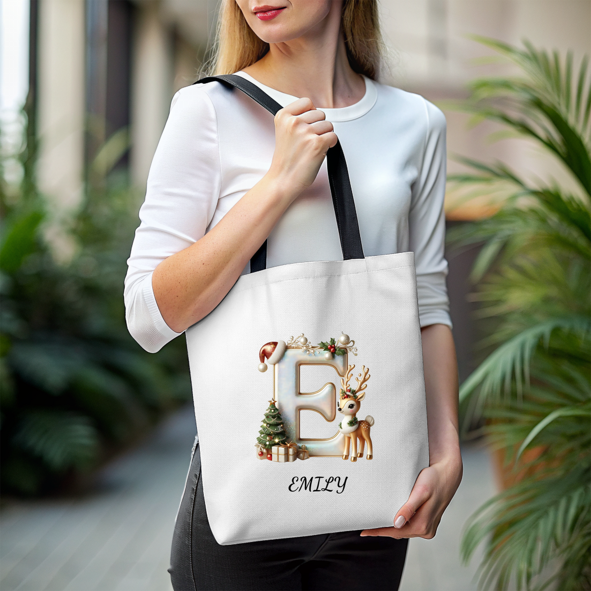 Tote Bag (AOP)Personalized Reindeer Christmas Name Tote Bag – Custom Initial Cotton Canvas Tote, Matching Holiday Group Bag & Reusable Xmas Shopping Tote