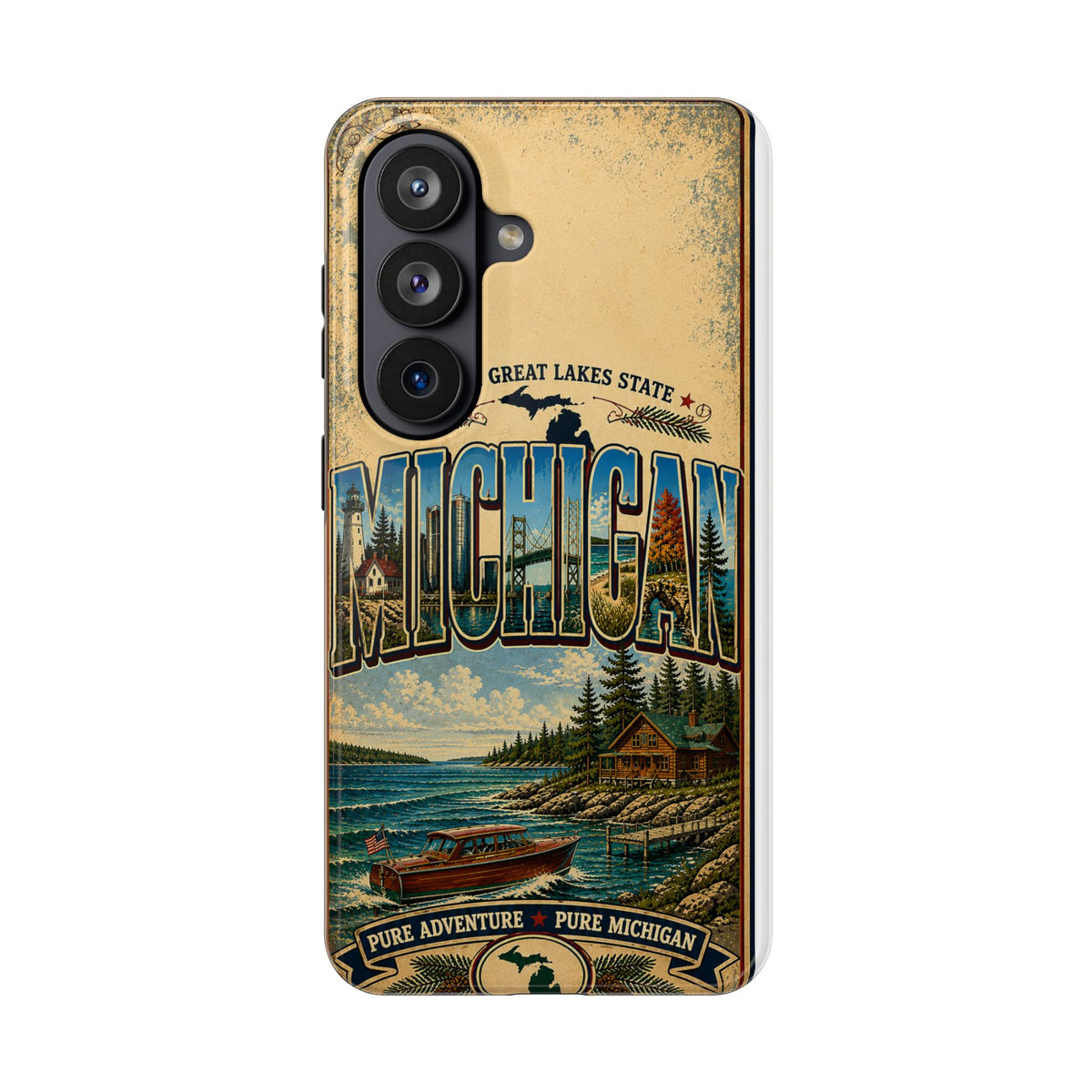 Michigan Great Lakes Faux Patchwork Phone Case – Vintage Travel Poster Style Michigan State Pride Cover for iPhone & Samsung